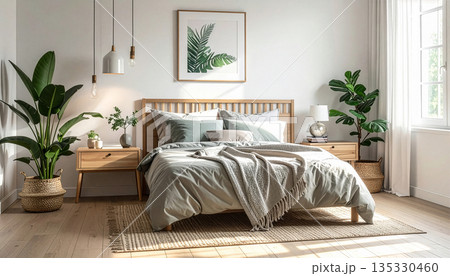 北欧スタイルの静かな寝室:セージグリーンの寝具と観葉植物が調和するシンメトリーな北欧スタイルの寝室 北欧スタイルの静かな寝室:セージグリーンの寝具と観葉植物が調和するシンメトリーな北欧スタイルの寝室 135330460