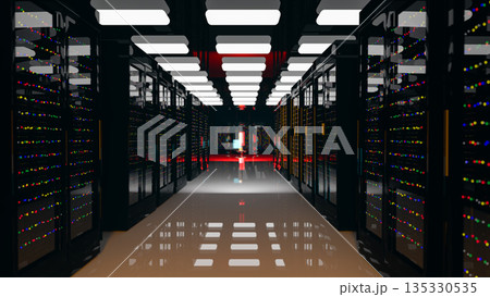Servers. Servers room data center. Backup, mining, hosting, mainframe, farm and computer rack with storage information. 3d rendering 135330535