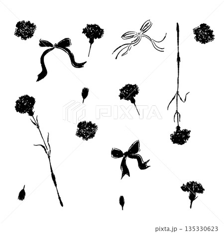 母の日のカーネーションの手書き風モノクロイラスト素材（フレーム・リース・花束など） 135330623