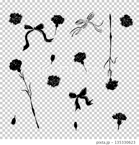 母の日のカーネーションの手書き風モノクロイラスト素材（フレーム・リース・花束など） 135330623