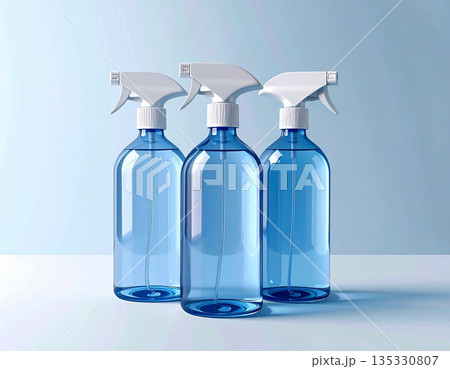Home cleaning blogs. Three transparent sprays in a row on a white background. Disinfectant, glass cleaner, all-purpose surface cleaner. Mockup for branding cleaning product. Home cleaning blogs. Three transparent sprays in a row on a white background. Disinfectant, glass cleaner, all-purpose surface cleaner. Mockup for branding cleaning product. 135330807