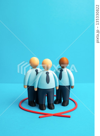Office workers circled in red. Team building. Together. Teamwork. Focus on people as a core asset, collaboration culture and unity at work, shared goals and collective responsibility performance Office workers circled in red. Team building. Together. Teamwork. Focus on people as a core asset, collaboration culture and unity at work, shared goals and collective responsibility performance 135330822