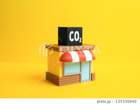 A store and a CO2 cube on the roof. Commercial carbon dioxide emissions. Business environmental impact, sustainability challenge and climate responsibility. 135330840