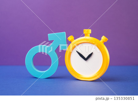 Male gender symbol and stopwatch. Concept of intercourse duration. Improving sexual performance. Health and fertility in men. Masculine wellbeing, confidence topics and medical awareness Male gender symbol and stopwatch. Concept of intercourse duration. Improving sexual performance. Health and fertility in men. Masculine wellbeing, confidence topics and medical awareness 135330851