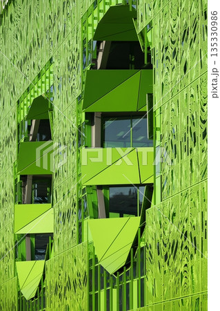 Facade and details of Euronews building. Euronews is a multilingual news television channel, headquartered in Lyon-Confluence., France 135330986