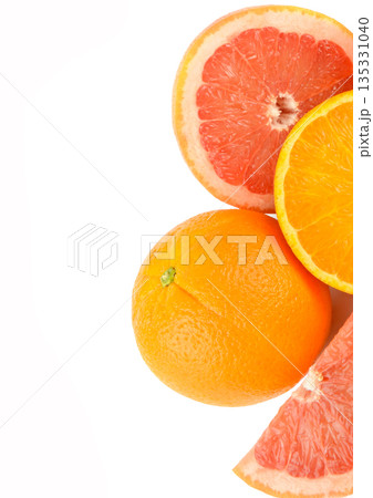1 Title in English Sliced Fresh Oranges and Grapefruits on White Background 1 Title in English Sliced Fresh Oranges and Grapefruits on White Background 135331040