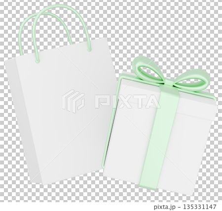 3Dイラスト_プレゼントと紙袋_黄緑 3Dイラスト_プレゼントと紙袋_黄緑 135331147
