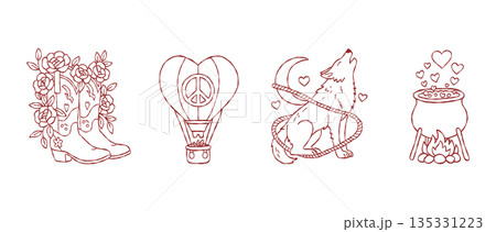 Western valentine hand drawn vector line art set with cowboy boots hot air balloon wolf and magic cauldron for boho wedding invitation aesthetic illustration Western valentine hand drawn vector line art set with cowboy boots hot air balloon wolf and magic cauldron for boho wedding invitation aesthetic illustration 135331223