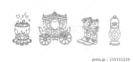 Fairy tale valentine hand drawn vector line art set with magic carriage cowboy boots and cauldron for boho wedding invitation aesthetic illustration print 135331229