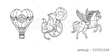 Mystical valentine hand drawn vector line art set with hot air balloon wolf moon and pegasus for boho wedding invitation aesthetic illustration print Mystical valentine hand drawn vector line art set with hot air balloon wolf moon and pegasus for boho wedding invitation aesthetic illustration print 135331230