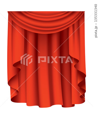 Red curtains realistic. Theater fabric silk decoration for movie cinema or opera hall. Curtains and draperies interior decoration object. Isolated on transparent for theater stage 135331340
