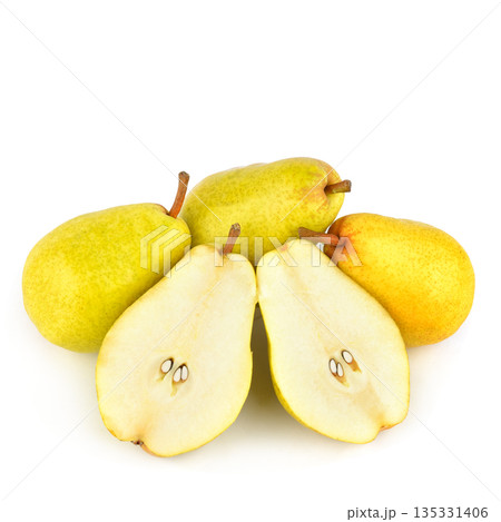 Group of Ripe Yellow Pears with Halves Isolated on White Group of Ripe Yellow Pears with Halves Isolated on White 135331406
