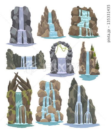 Collection of cartoon river cascade waterfalls. Landscapes with mountains and trees. Design elements for travel brochure or illustration mobile game. Fresh natural water 135331435