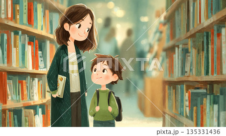 親子で過ごす図書館の静かな時間 本と出会う瞬間　学びと知識を楽しむ親子の図書館利用風景 135331436