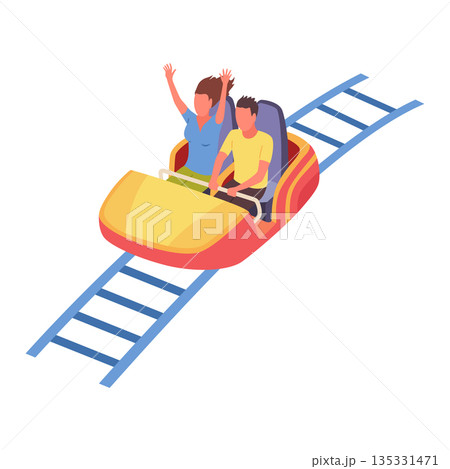 Roller coaster happy people. Rollercoaster. Friends riding in amusement park have fun positive emotion, park attractions. Young people having fun and enjoyment, cartoon vector illustration 135331471