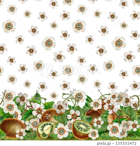White flowers, green leaves, branches, kiwi. Seamless coupon pattern with a border on a white background. Botanical template for home kitchen textiles, wrapping paper, packaging, wallpaper, scrapbook White flowers, green leaves, branches, kiwi. Seamless coupon pattern with a border on a white background. Botanical template for home kitchen textiles, wrapping paper, packaging, wallpaper, scrapbook 135331472