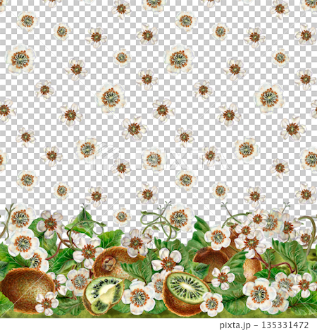 White flowers, green leaves, branches, kiwi. Seamless coupon pattern with a border on a white background. Botanical template for home kitchen textiles, wrapping paper, packaging, wallpaper, scrapbook White flowers, green leaves, branches, kiwi. Seamless coupon pattern with a border on a white background. Botanical template for home kitchen textiles, wrapping paper, packaging, wallpaper, scrapbook 135331472