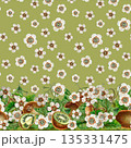 White flowers, green leaves, branches, kiwi. Seamless coupon pattern with a border on a green background. Botanical template for home kitchen textiles, wrapping paper, packaging, wallpaper, scrapbook 135331475