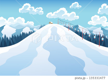 Mountain ski resort landscape. Winter web banner design. Sport on vacations or winter activity. Vector cartoon illustration 135331477