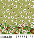White flowers, green leaves, branches, kiwi. Seamless coupon pattern with a border on a green background. Botanical template for home kitchen textiles, wrapping paper, packaging, wallpaper, scrapbook 135331478