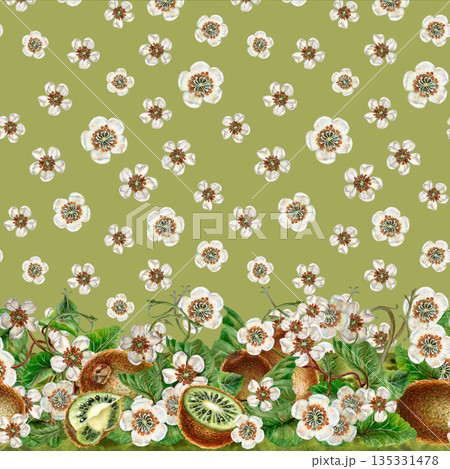 White flowers, green leaves, branches, kiwi. Seamless coupon pattern with a border on a green background. Botanical template for home kitchen textiles, wrapping paper, packaging, wallpaper, scrapbook White flowers, green leaves, branches, kiwi. Seamless coupon pattern with a border on a green background. Botanical template for home kitchen textiles, wrapping paper, packaging, wallpaper, scrapbook 135331478