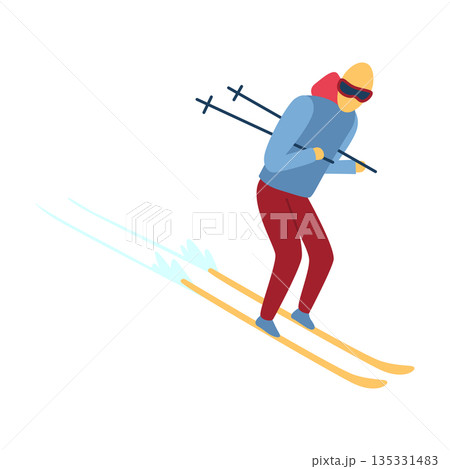 Man on mountain ski resort. Winter web banner design element. Sport on vacations or winter activity. Sports descent on skis in mountains hills. Vector cartoon illustration 135331483