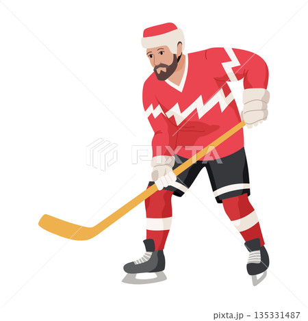 Ice hockey player. Athletes in uniform, dynamic pose, team sports on ice, winter game, forward, cartoon flat style isolated vector 135331487