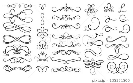 Flourish calligraphic design elements set. Vintage swirls and scrolls for page decoration. Ornate symbols for retro design frames and invitations Flourish calligraphic design elements set. Vintage swirls and scrolls for page decoration. Ornate symbols for retro design frames and invitations 135331500