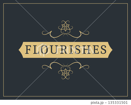 Flourishes calligraphic vintage ornamental background. Vector luxury invitation, restaurant menu or royalty certificate. Golden ornate page with swirls and vignettes elements Flourishes calligraphic vintage ornamental background. Vector luxury invitation, restaurant menu or royalty certificate. Golden ornate page with swirls and vignettes elements 135331501