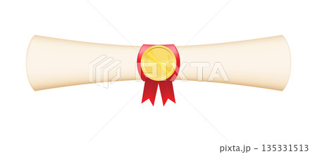A paper scroll with a graduate diploma about graduation of university, college, school, education certificate, graduation degree. Diploma decorated with a wax seal and a red ribbon 135331513