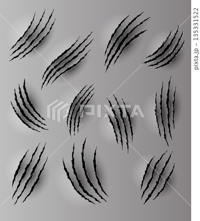 Bear or tiger claw marks. Scratches and torn traces of vector animal paw slashes. Hole in sheet of paper with torn edges. Vector illustration Bear or tiger claw marks. Scratches and torn traces of vector animal paw slashes. Hole in sheet of paper with torn edges. Vector illustration 135331522