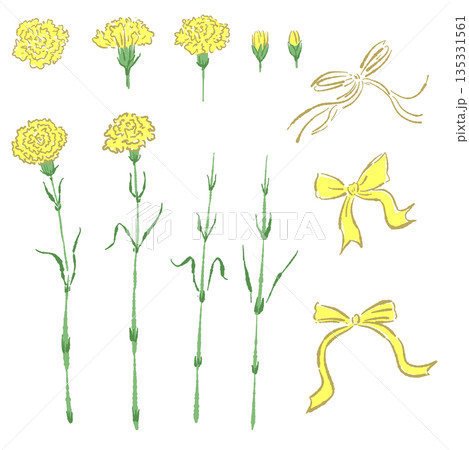 母の日の黄色カーネーションの手書き風カラーイラスト素材（フレーム・リース・花束など） 135331561
