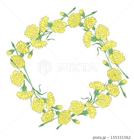 母の日の黄色カーネーションの手書き風カラーイラスト素材（フレーム・リース・花束など） 135331562