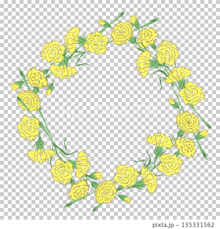 母の日の黄色カーネーションの手書き風カラーイラスト素材（フレーム・リース・花束など） 135331562
