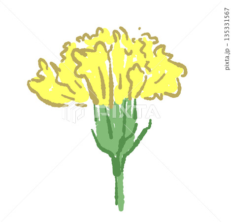 母の日の黄色カーネーションの手書き風カラーイラスト素材（フレーム・リース・花束など） 135331567