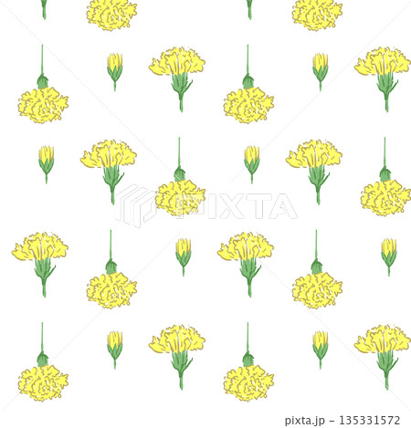 母の日の黄色カーネーションの手書き風カラーイラスト素材（フレーム・リース・花束など） 135331572