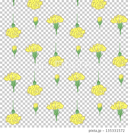 母の日の黄色カーネーションの手書き風カラーイラスト素材（フレーム・リース・花束など） 135331572