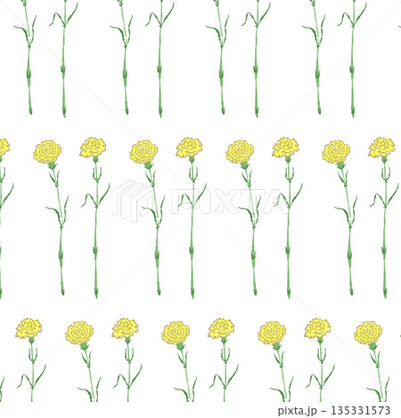 母の日の黄色カーネーションの手書き風カラーイラスト素材（フレーム・リース・花束など） 135331573