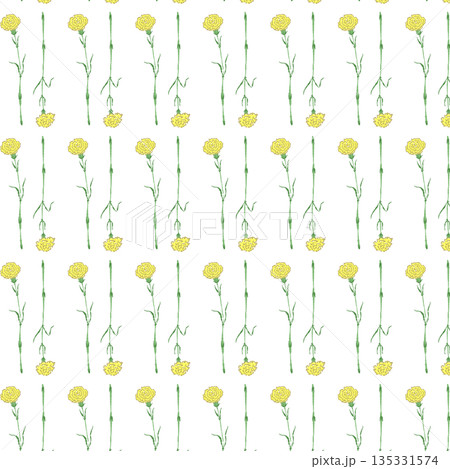 母の日の黄色カーネーションの手書き風カラーイラスト素材（フレーム・リース・花束など） 135331574