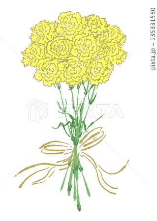 母の日の黄色カーネーションの手書き風カラーイラスト素材（フレーム・リース・花束など） 135331580