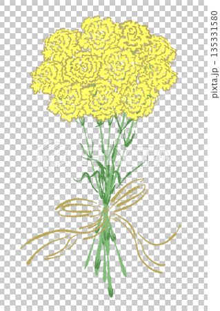 母の日の黄色カーネーションの手書き風カラーイラスト素材（フレーム・リース・花束など） 135331580