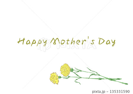 母の日の黄色カーネーションの手書き風カラーイラスト素材（フレーム・リース・花束など） 135331590