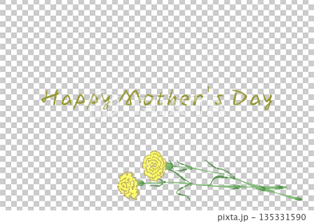 母の日の黄色カーネーションの手書き風カラーイラスト素材（フレーム・リース・花束など） 135331590