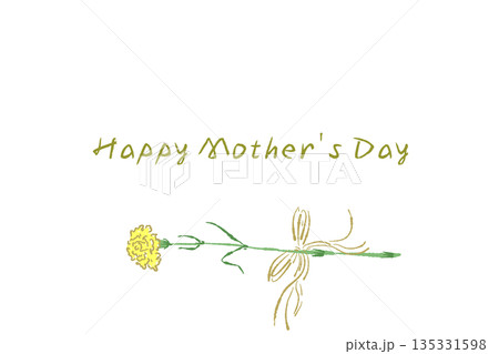 母の日の黄色カーネーションの手書き風カラーイラスト素材（フレーム・リース・花束など） 135331598