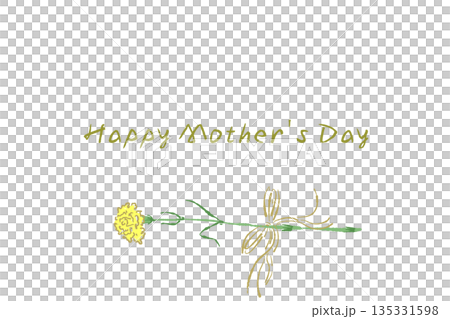 母の日の黄色カーネーションの手書き風カラーイラスト素材（フレーム・リース・花束など） 135331598