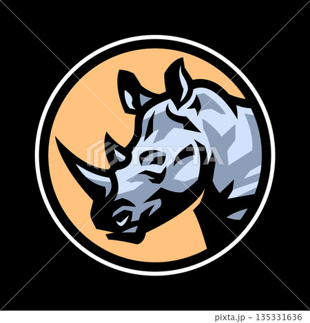Rhinoceros head. Logo in a round frame on dark background. 135331636