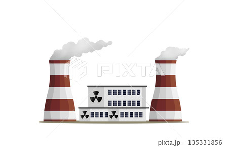 nuclear power station, nuclear power plant facility with cooling towers and a building displaying the radiation symbol, International Ionizing Radiation Danger Symbol, future energy 135331856