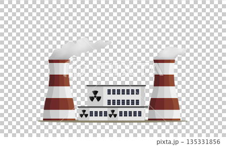 nuclear power station, nuclear power plant facility with cooling towers and a building displaying the radiation symbol, International Ionizing Radiation Danger Symbol, future energy 135331856
