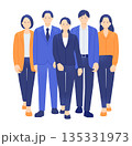 連携し力強く進む男女のビジネスチーム。女性リーダーが牽引するイラスト素材。 135331973