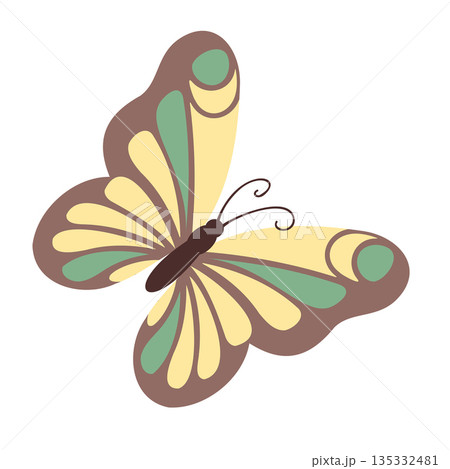 Yellow butterfly with a green pattern. Flying insects in flat style. Hand-drawn illustration. 135332481